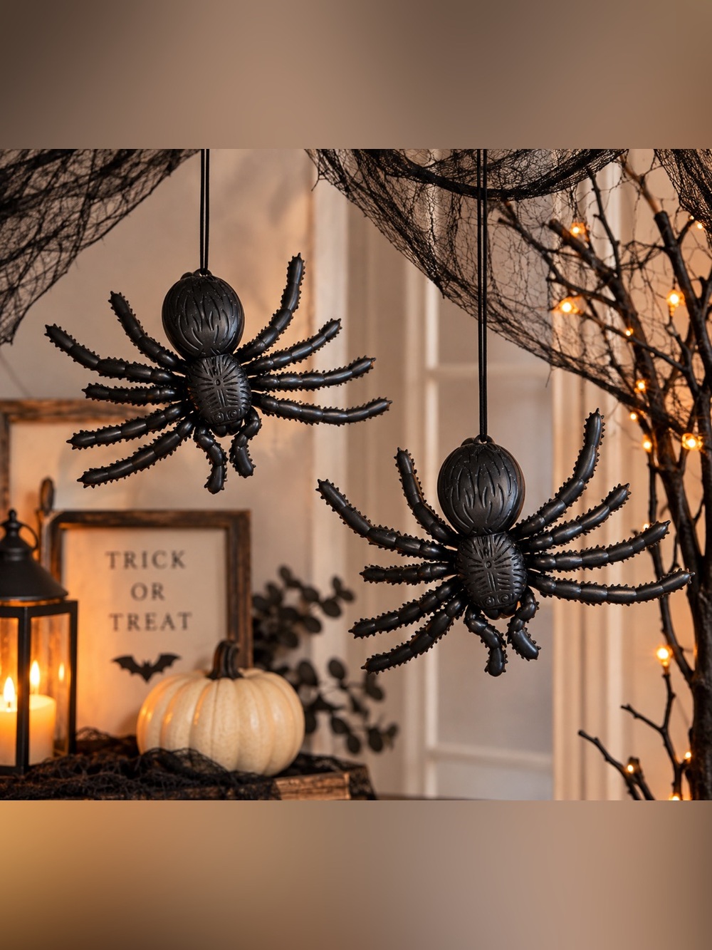 Black Hanging Halloween Spiders Set of 2 Spooky Decor